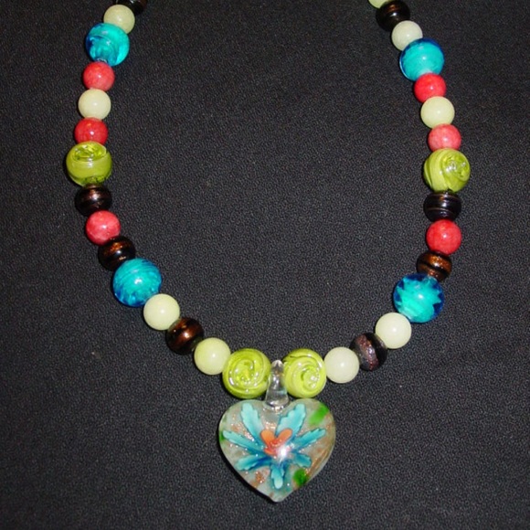 Handmade Beaded Necklace with Glass Heart - Picture 1 of 3